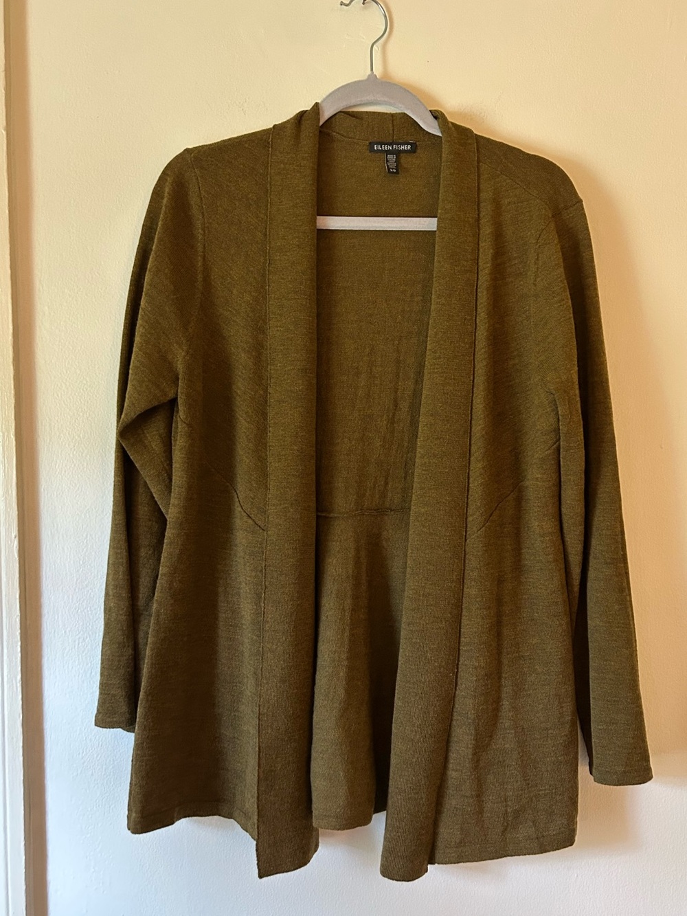 Eileen Fisher 100% Wool Heathered Mustard Green Yellow Cardigan Sweater Large